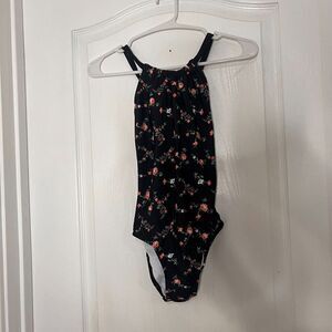 Kanu Surf Girls Rose Garden One Piece Swimsuit Black Floral Strappy Back Size 12